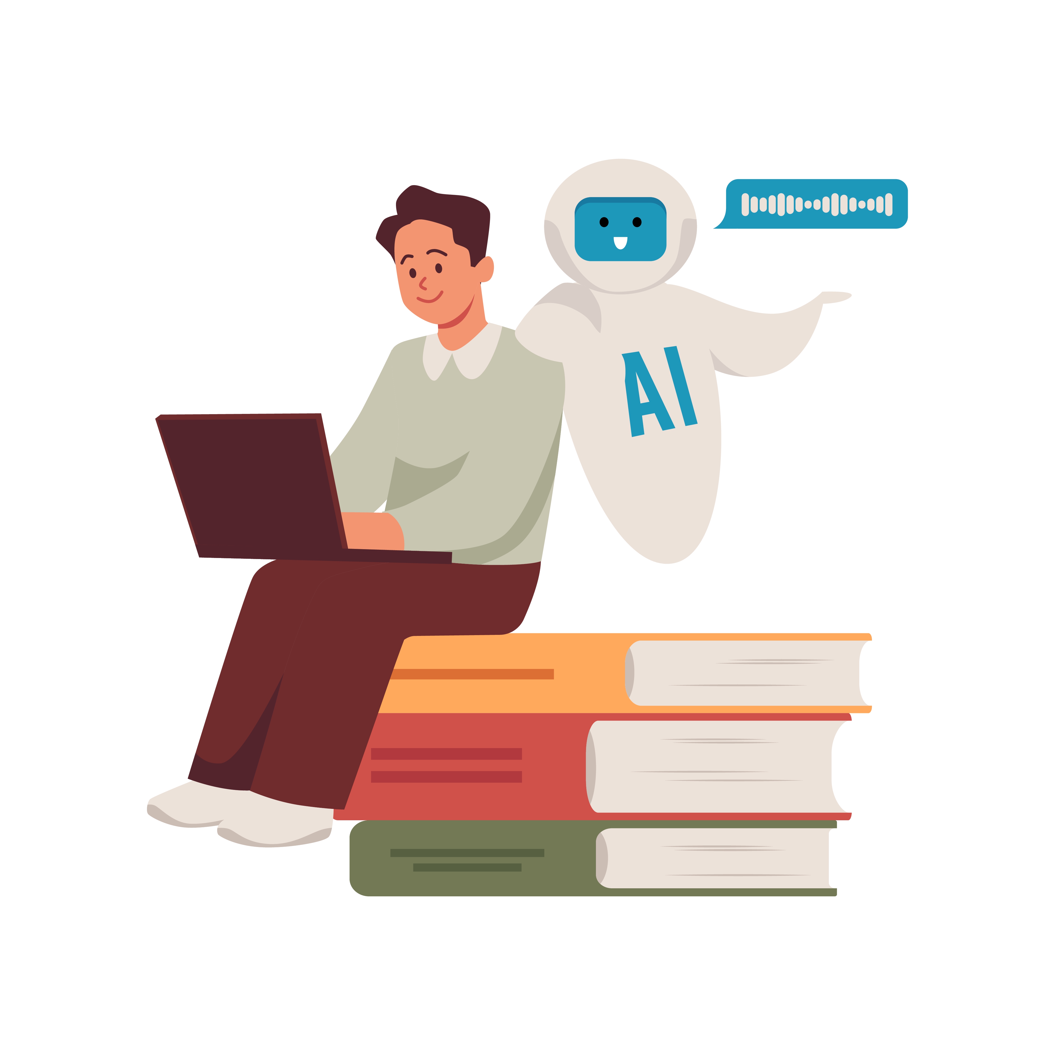 Student sitting on a stack of books with their laptop. An AI is looking over their shoulder and talking to them. 